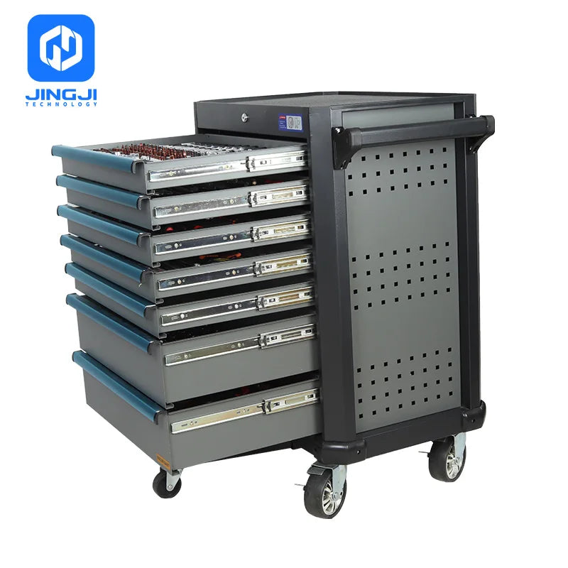 Carrinho de ferramentas com gavetas, armário e rodinhas para mecânico.