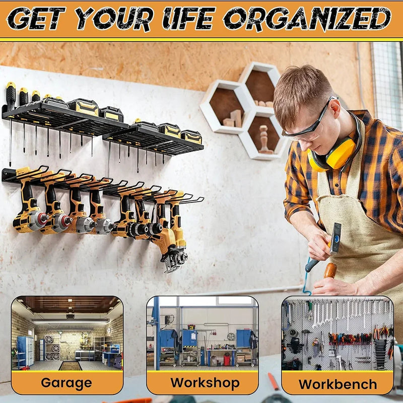 Suporte de parede para ferramentas elétricas, resistente, com painel perfurado, para armazenamento de ferramentas, furadeiras e chaves de fenda, ideal para oficinas e garagens.