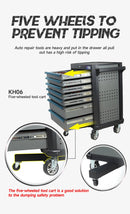 Carrinho de ferramentas com gavetas, armário e rodinhas para mecânico.