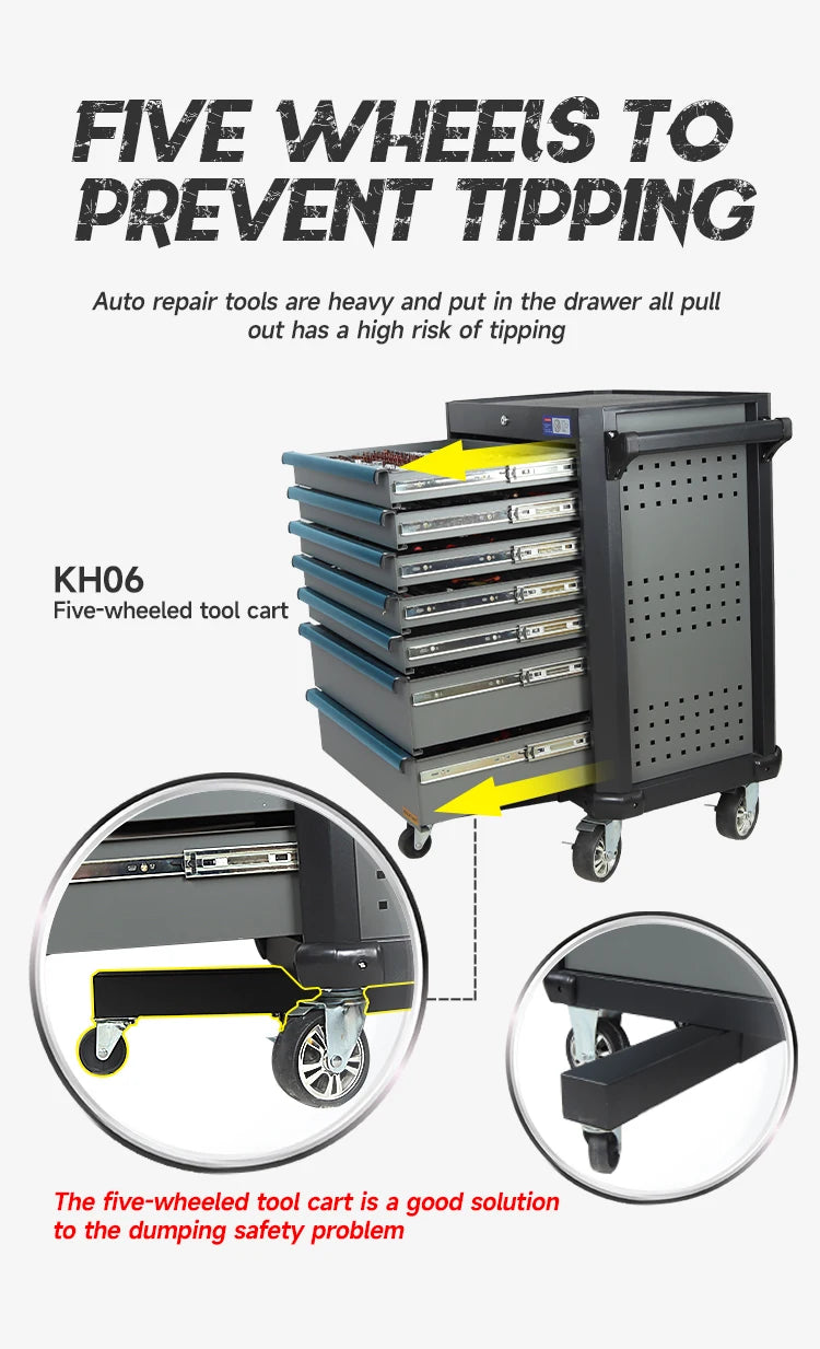 Carrinho de ferramentas com gavetas, armário e rodinhas para mecânico.