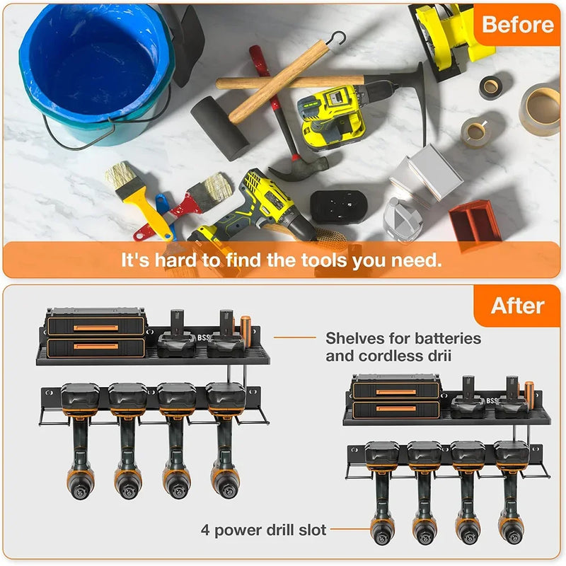 Suporte de parede para ferramentas elétricas, resistente, com painel perfurado, para armazenamento de ferramentas, furadeiras e chaves de fenda, ideal para oficinas e garagens.