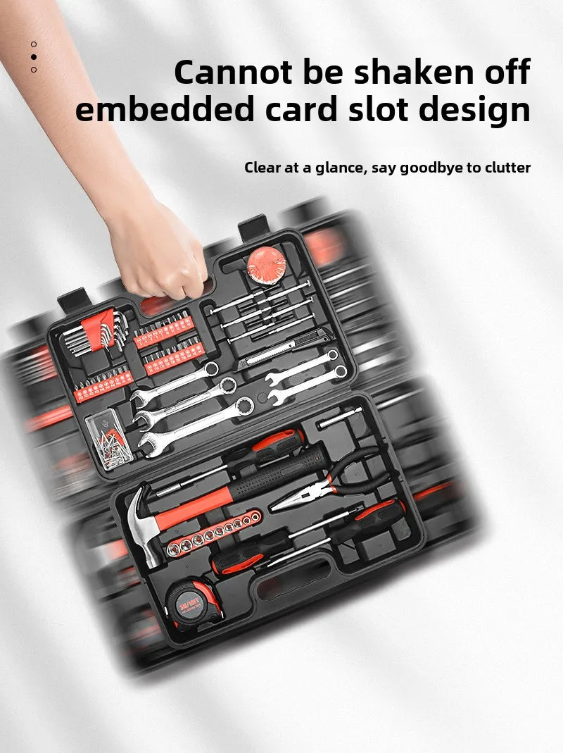 Conjunto de ferramentas multifuncionais para manutenção doméstica, ferramentas portáteis para veículos, martelo profissional, alicate, chave inglesa e ferramentas manuais.
