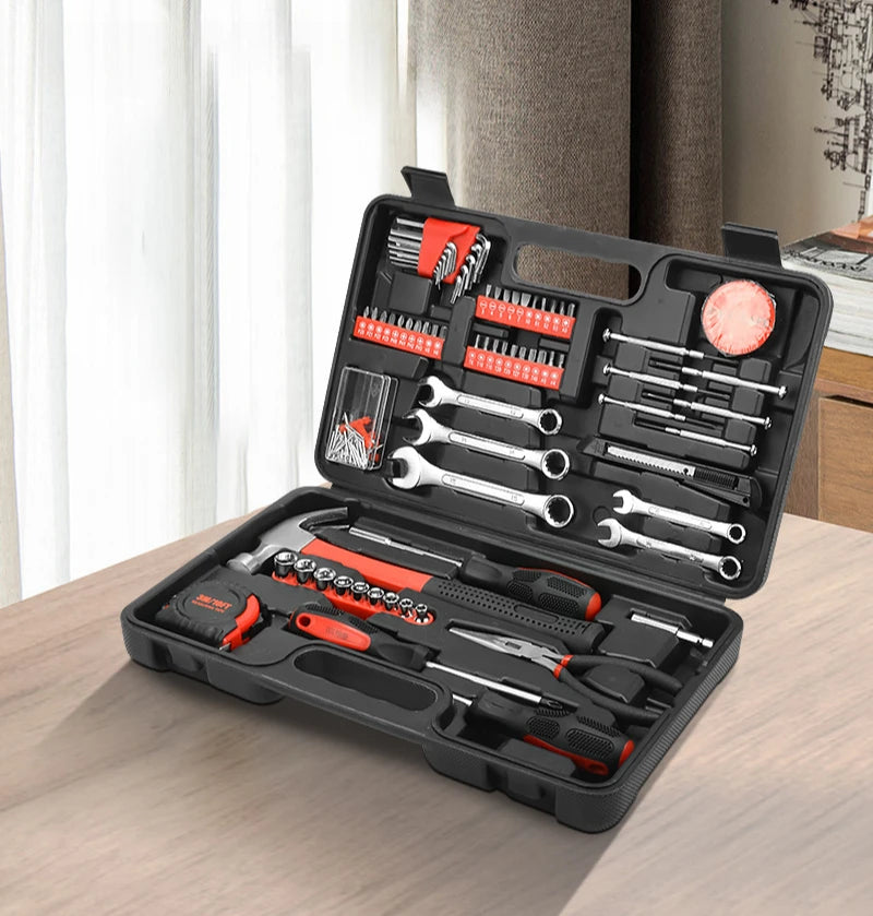Conjunto de ferramentas multifuncionais para manutenção doméstica, ferramentas portáteis para veículos, martelo profissional, alicate, chave inglesa e ferramentas manuais.