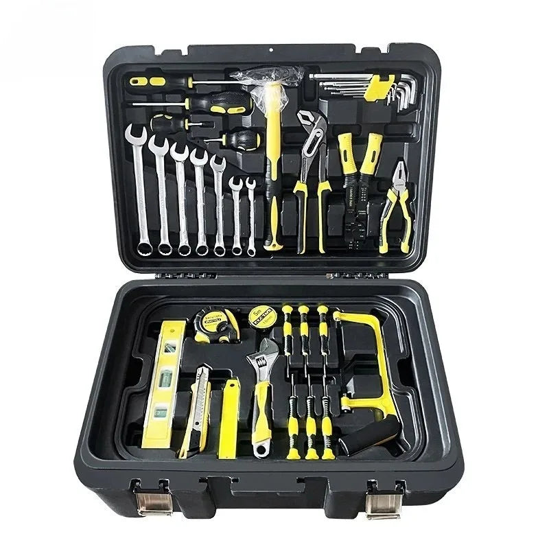 Conjunto de ferramentas combinadas: alicate, martelo, pinça, caixa de ferramentas manual para uso doméstico, kit básico para reparos e manutenção.