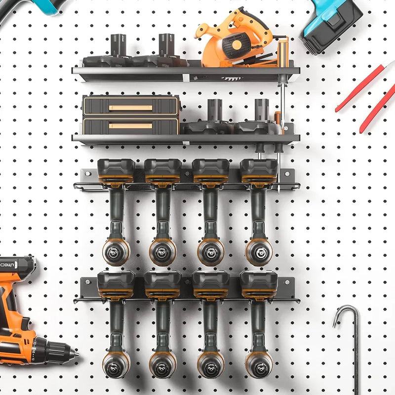 Suporte de parede para ferramentas elétricas, resistente, com painel perfurado, para armazenamento de ferramentas, furadeiras e chaves de fenda, ideal para oficinas e garagens.