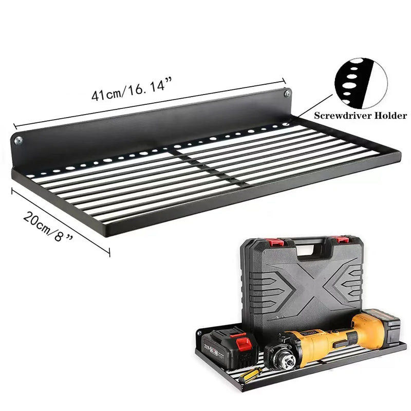 Suporte de parede para ferramentas elétricas, resistente, com painel perfurado, para armazenamento de ferramentas, furadeiras e chaves de fenda, ideal para oficinas e garagens.